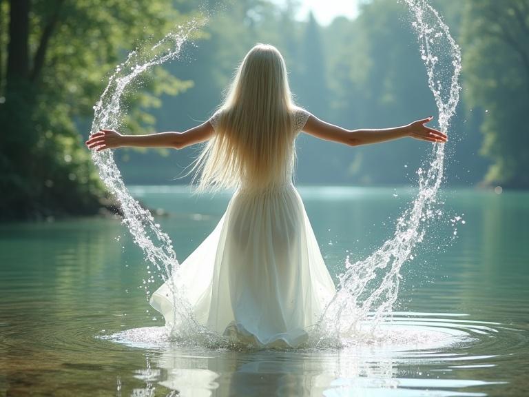 Detail long straight platinum blonde girl in white dress with powers waving arms by a lake on a sunny day in woods, huge spiral water streams around her, water rising in background, ripples and reflections in the lake