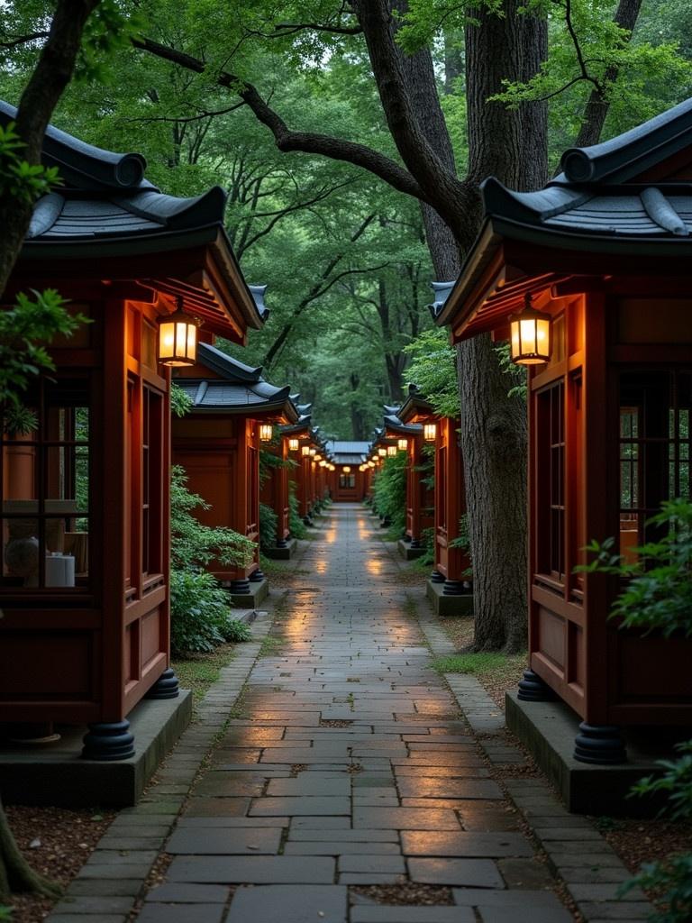 A tranquil path illuminated by lanterns. Traditional architecture lines the sides of the path. Trees provide a lush backdrop. Soft lighting enhances the atmosphere. A sense of peace surrounds the area.