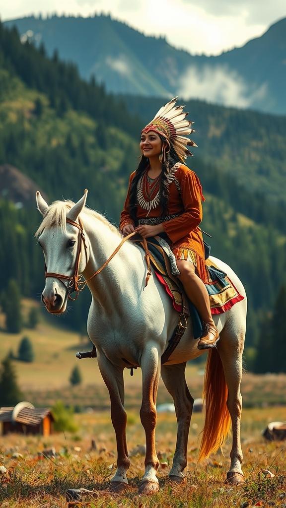 A woman, clad in traditional attire and a feathered headdress, sits confidently atop a white horse in a picturesque meadow surrounded by towering mountains. The scene is bathed in warm, natural light, emphasizing the vibrant colors of her clothing and the lush green landscape. The image evokes a sense of harmony and freedom, highlighting the deep connection between the rider and her horse.