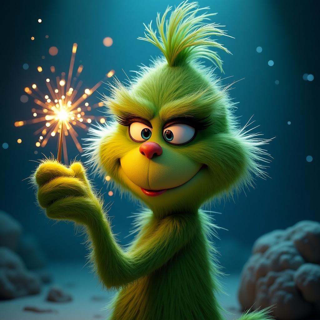 Sparkly creature with green fur and mischievous expression holding a sparkler. Magical underwater setting.