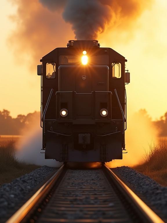 Close-up front view of a fast-approaching train on a countryside railway track during golden hour. Large train engine with shining headlights. Motion blur on the wheels and ground shows high speed. Dust and gravel fly around the rails. Soft sunset sky and blurry fields in the background.