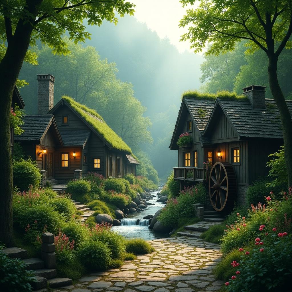 Hidden secluded village in a lush misty forest. Small cottages made of wood and stone. Cobblestone pathways among green trees and flowering plants. Communal gardens and small water mill by a clear stream. Peaceful atmosphere with mist and golden sunlight. Isolated from modern technology, harmonizing with nature.