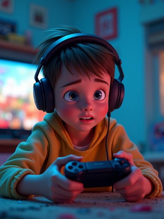 3D style of a boy playing video games. Face showing doubts. Holding a game controller. Wearing headphones. Indoor setting with colorful background.