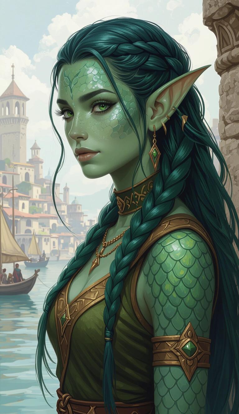 Oil-painting style illustration depicting a young druidic fish-girl. The character features sharp finned ears and skin that resembles fish scales in green and blue tones. She is dressed in Theros-inspired clothing. The background shows a historical fantasy port city under a bright sky. This artwork captures a mix of fantasy elements and ethereal beauty.