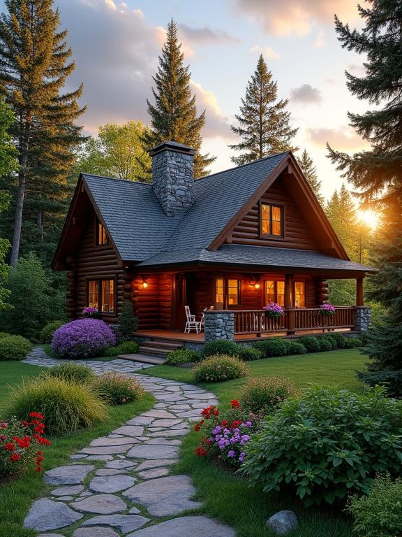 Charming log cabin in a lush forest setting at golden hour during sunrise or sunset. The cabin built with medium-brown logs features a steep pitched roof with dark gray shingles and a stone chimney. Front porch has log pillars, wooden railing, white rocking chairs, and potted flowers. Warm light glows from the windows adorned with flower boxes. A winding stone path leads to the cabin through vibrant flower beds bordered by green grass and shrubs, surrounded by tall evergreen and deciduous trees. Soft blue sky with scattered clouds shows hues of orange and yellow.