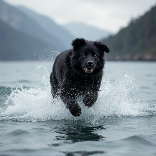 A black Newfoundland dog leaps joyfully over water creating splashes. The scene captures a sense of action and freedom. Mountains provide a scenic background. Natural lighting enhances the lively atmosphere.