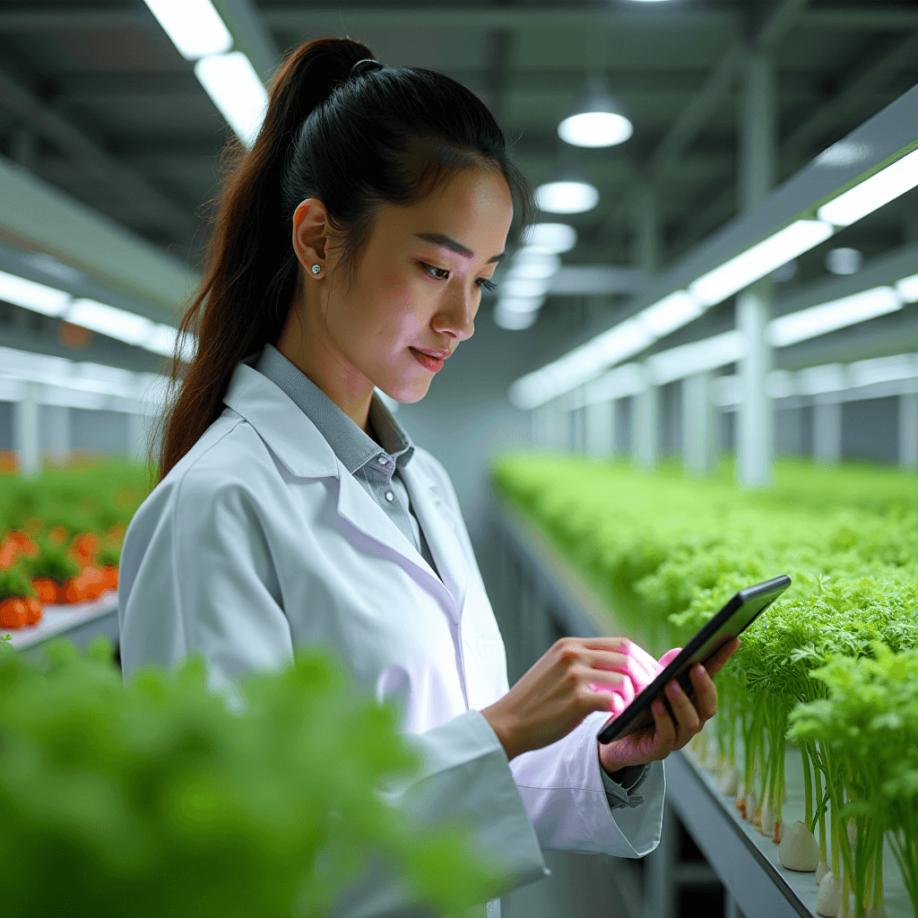 A person in a lab coat uses a tablet while standing in an indoor farm with rows of lush green plants under bright grow lights.