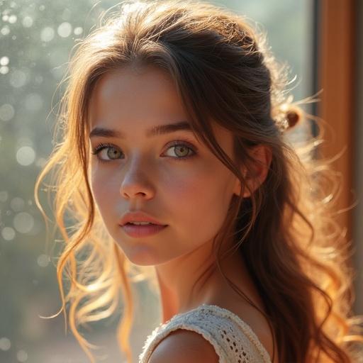 Create a beautiful girl picture with natural light and soft features.