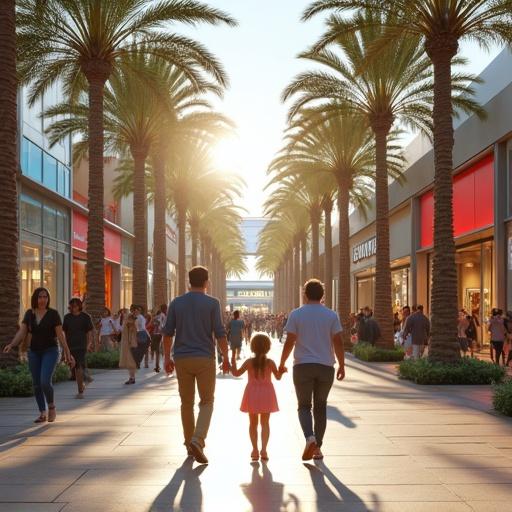 A vibrant outdoor mall scene filled with shoppers. Palm-like trees line the walkway. Natural light shines through large glass windows. Retail stores with colorful signage are visible. People walk casually. Modern architectural design is prominent.