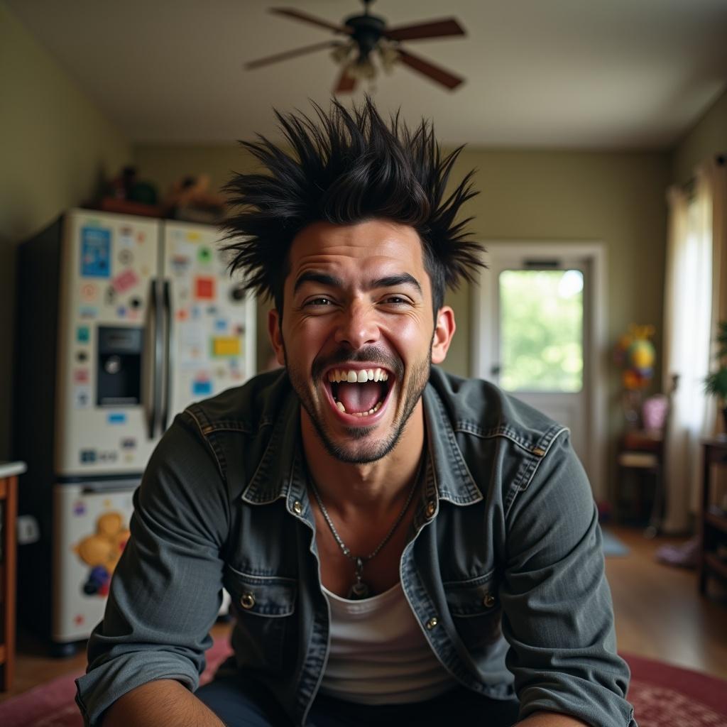 A man features a punk hairstyle with an open mouth. The setting is a living room filled with eccentric items. Background includes a large fridge and peculiar elements like an animated console.