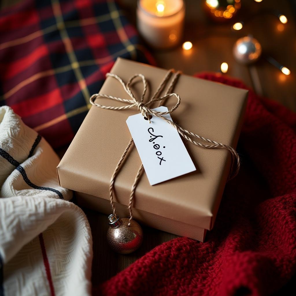 This image showcases a beautifully wrapped gift box on a richly toned wooden table. The box is adorned in brown paper, tied neatly with twine, and features a tag that reads 'from Chlo xx', adding a personal touch. Surrounding the gift are cozy elements including a tartan scarf and red fabrics, enhancing the festive mood. Delicate lighted ornaments and a soft candle glow create a warm and inviting atmosphere. It captures the essence of holiday giving, evoking feelings of warmth and joy.