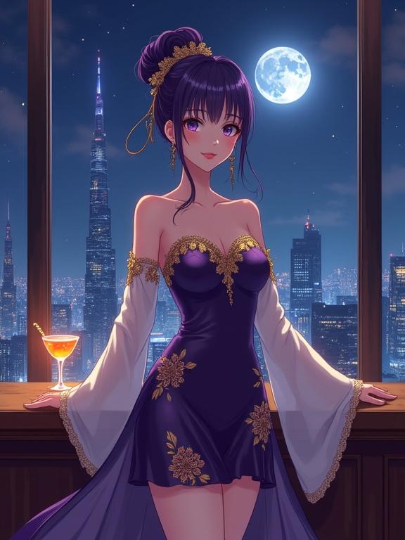 A graceful lady stands in an upscale lounge near a large window. She wears a luxurious off-the-shoulder dark violet gown with golden floral embroidery. Her hair is styled in an elaborate updo with gold ornaments. A vibrant orange cocktail is nearby. The city skyline with skyscrapers and a half moon is visible outside the window. The scene is rendered in a semi-anime style with ultra-detailed textures and soft bokeh.