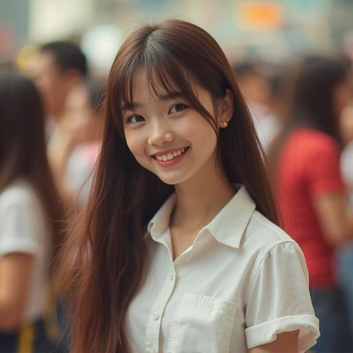 Asian girl wearing a white shirt standing in a crowd. Brown hair flowing. Looking at the viewer with a smile. Arms in a relaxed position. Girls in the background dancing and enjoying.