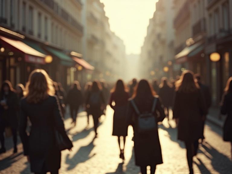 A busy street in Paris with blurry figures. Natural light creates a soft grain. Urban elements and light reflections are present. A sense of nostalgia with a fleeting memory is captured. Evokes a gentle moment in city life.