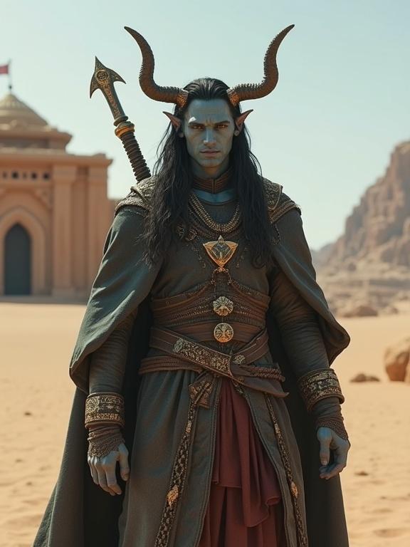 Full body photo of a tiefling warrior in a desert. Character has cerulean skin and a muscular figure. Wears a long coat and holds a time traveler weapon. Features steel weapon and Norse jewels. Background includes a Norse-Iranian temple. Showcases detailed facial features, intricate iris, and hyper-realistic skin. Image is cinematic, ultra-detailed with volumetric lighting.