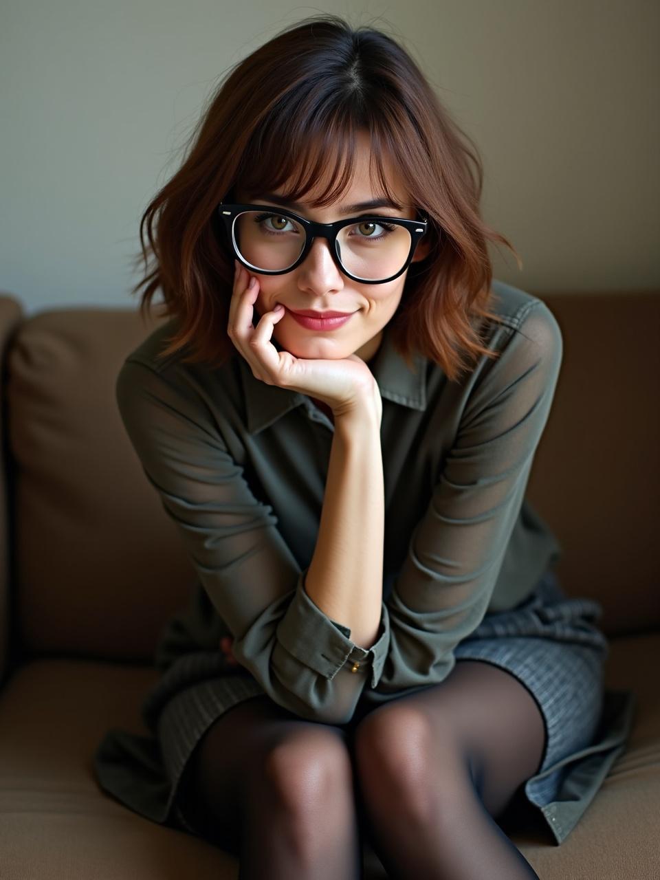 The image features a young woman with shoulder-length brown hair and glasses sitting on a couch. She has a pensive expression, with one hand supporting her chin. The color palette is subdued, focusing on earthy tones. Her attire is stylish yet casual, complementing the deeply relaxed and introspective mood of the image.