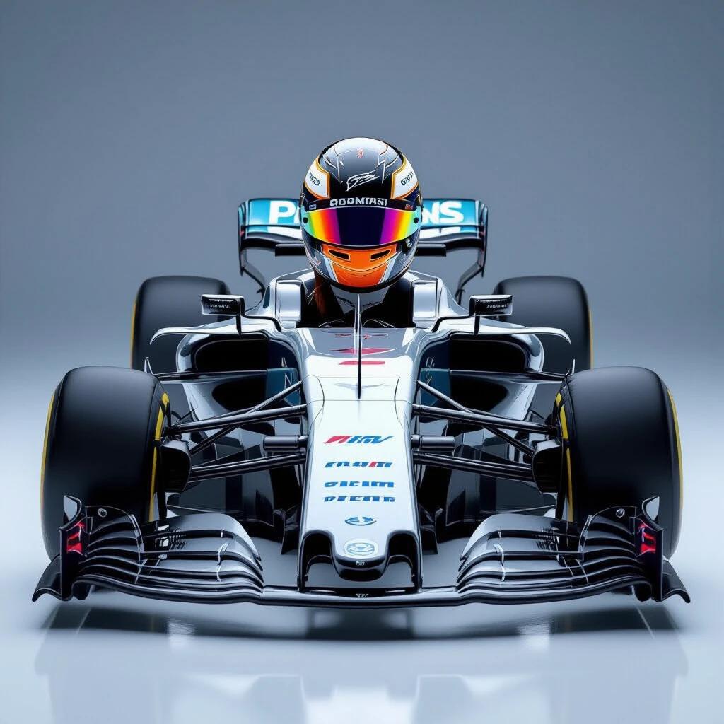 Female Formula 1 driver with sleek high-tech helmet drives futuristic car inspired by Shinkansen. Car features streamlined shape and penguin-like contours in matte black and white. Aerodynamic fins shaped like penguin flippers. LED accents glow along contours. Shot captured at high speed on futuristic racetrack with sparks and smoke.