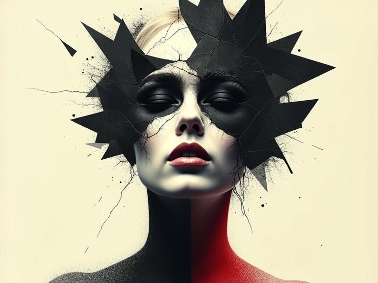 Abstract fragmented portrait of a human face with black and white stippled aesthetic. Beige background with overlapping black geometric shapes and cracks. Multiple eyes and lips create a surreal effect. Subtle red hue accents the neck contrasting monochromatic tones.