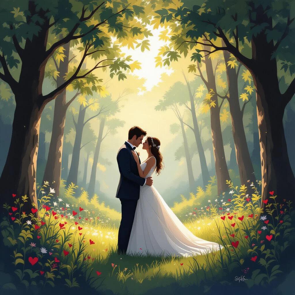 Couple in love standing together in a sunlit forest. Soft focus on romantic atmosphere. Bright colors with flowers and sunlight.