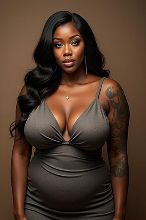 A stylish woman with a curvy figure models a simple yet elegant dress. She has long wavy hair and tattoos visible on her arm. The background is a soft warm tone that complements her skin and outfit.