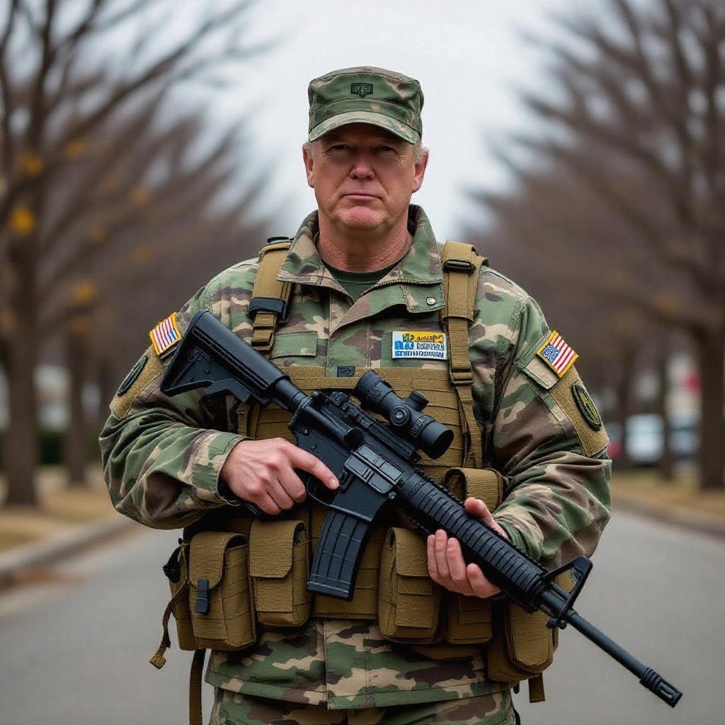 A soldier dressed in camouflage military uniform holds a rifle outdoors. The setting features trees in the background. Natural lighting enhances the scene.