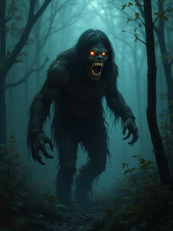 Zombies growling in a dark forest setting at night