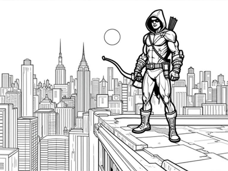 Coloring page for kids with black outlines Green Arrow character standing on rooftop holding a reverse compound bow. Background filled with city skyline features like Empire State Building and tall buildings.