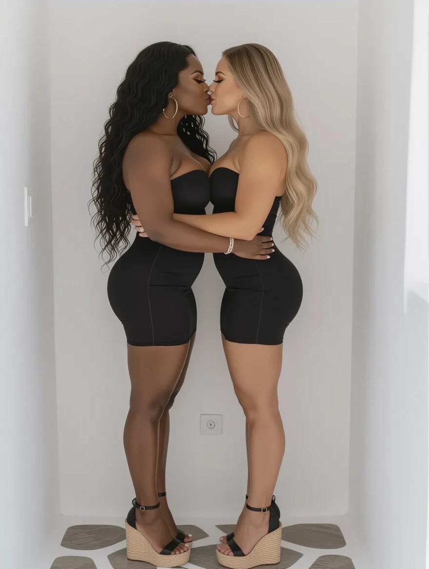 Two bodybuilder women embrace in a tight hug. One has long black curly hair with dark skin. The other has long blonde wavy hair with light skin. They wear black strapless bandage dresses and platform espadrille heels. The setting shows a simple room in Mykonos for budget stay.