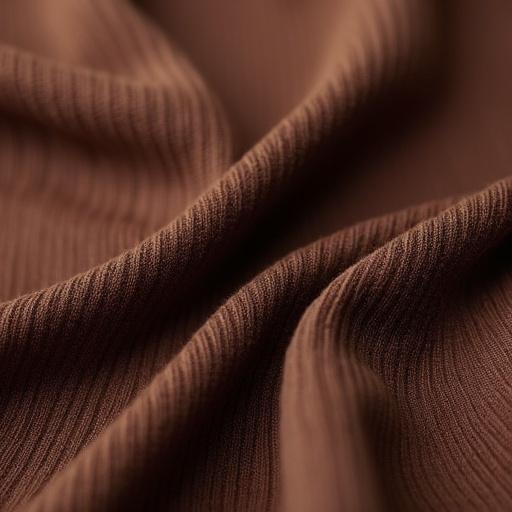 Close up macro shot of premium silk and lycra sock fabric. Deep brown color with fine vertical ribbed knit structure. Contains soft folds and a sheen. The image has no background only pure textile. Taken with macro lens. Subtle highlights and shadows. Shot with soft lighting.