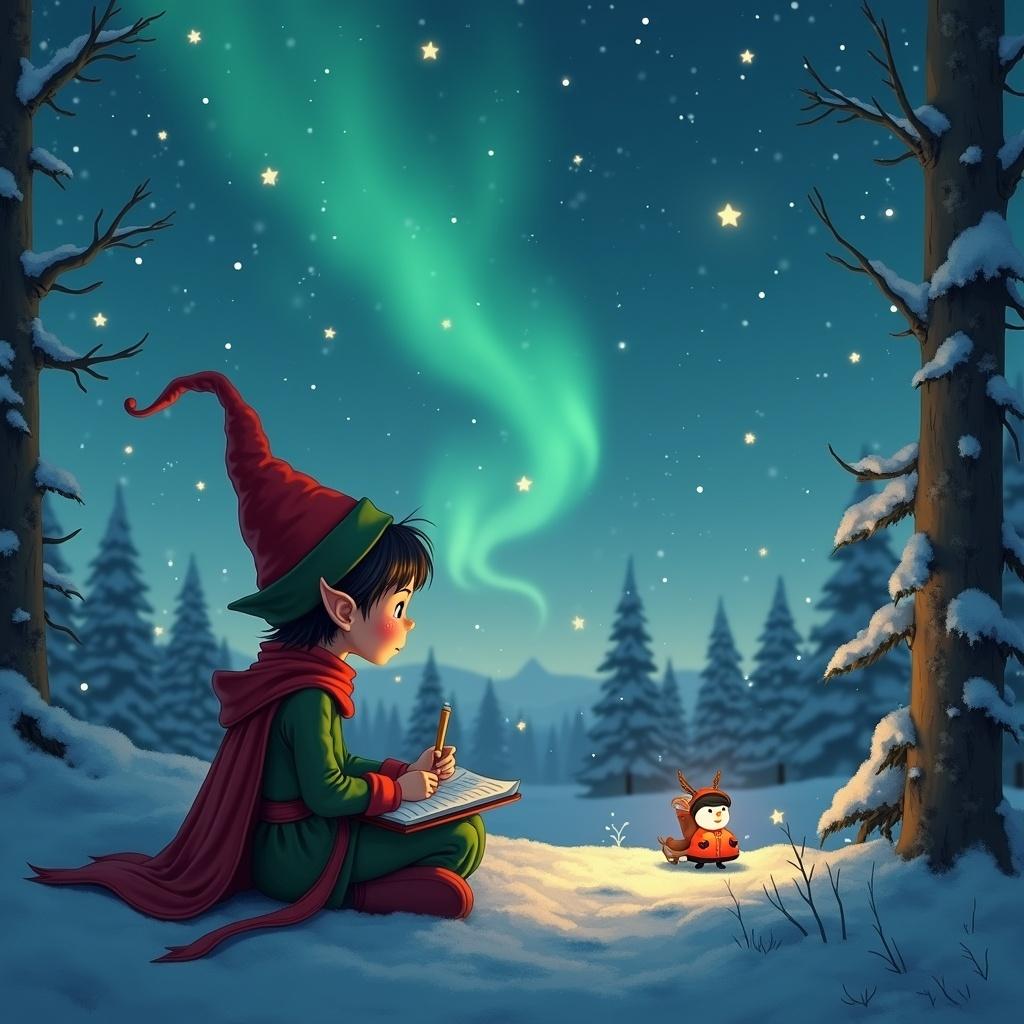 Elf sitting on snow, writing with a pen. Northern lights glowing in the sky. Snow covered trees in the background. A small creature nearby. Magical atmosphere during winter night.