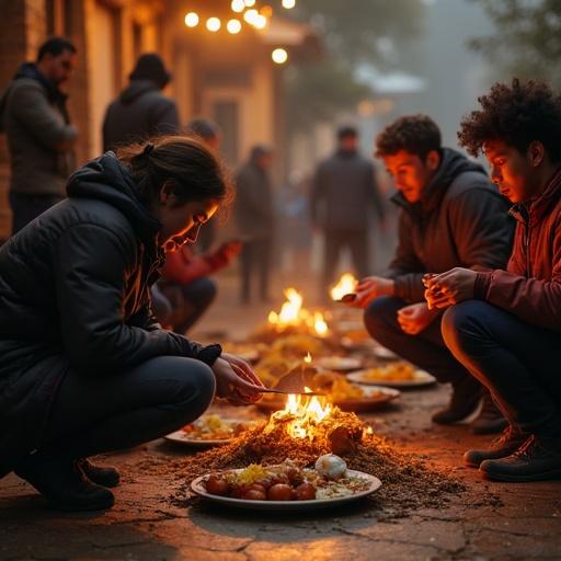 People are sitting on the ground enjoying a dinner together. Plates of food are spread on the floor. The atmosphere is warm and inviting with soft lights in the background. There is a sense of community around the meal. It is evening time.