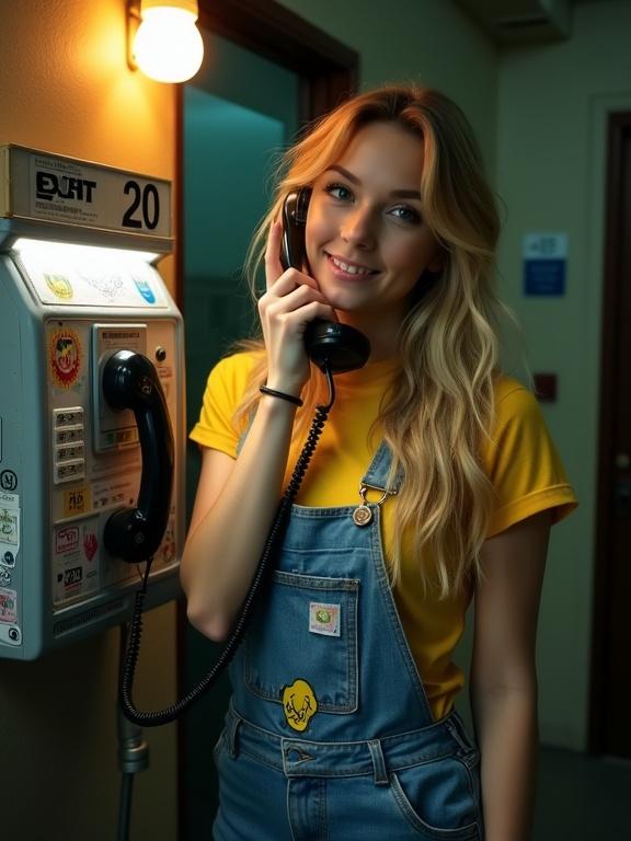 Photograph of a young woman standing next to a payphone. She has long wavy blonde hair and wears a yellow t-shirt under blue denim overalls. She holds a black corded phone to her right ear with her right hand and smiles. The payphone is mounted on a wall covered with stickers. The background has a dimly lit area with a wall-mounted light. The lighting highlights the woman and the phone.