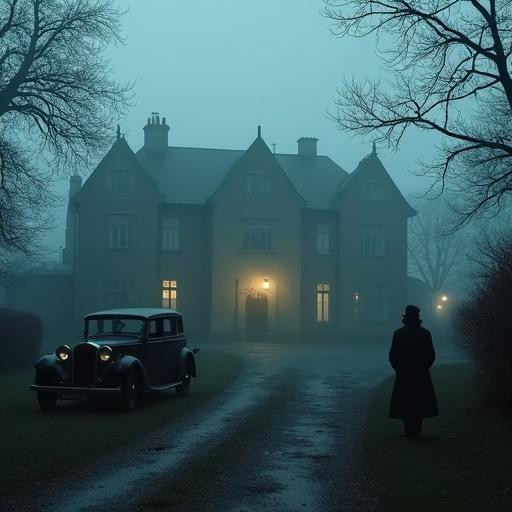 Foggy 1920s English countryside manor at dusk with vintage car parked outside and mysterious figure in trench coat watching from shadows.