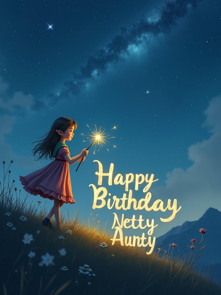 Whimsical scene featuring girl elf-like figure on a hill under a starry sky. Elf writes 'Happy Birthday Netty Aunty' in glowing light. Soft twilight hues illuminate the landscape. Elf holds sparkling wand. Setting evokes wonder.