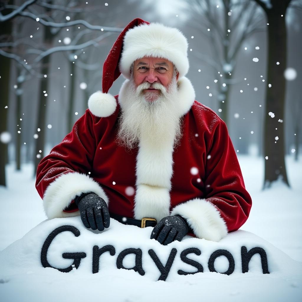 Santa Claus dressed in a red suit with white trim. He writes 'Grayson' in the snow. Soft snowflakes fall around him. Trees in the background are bare and frosty.