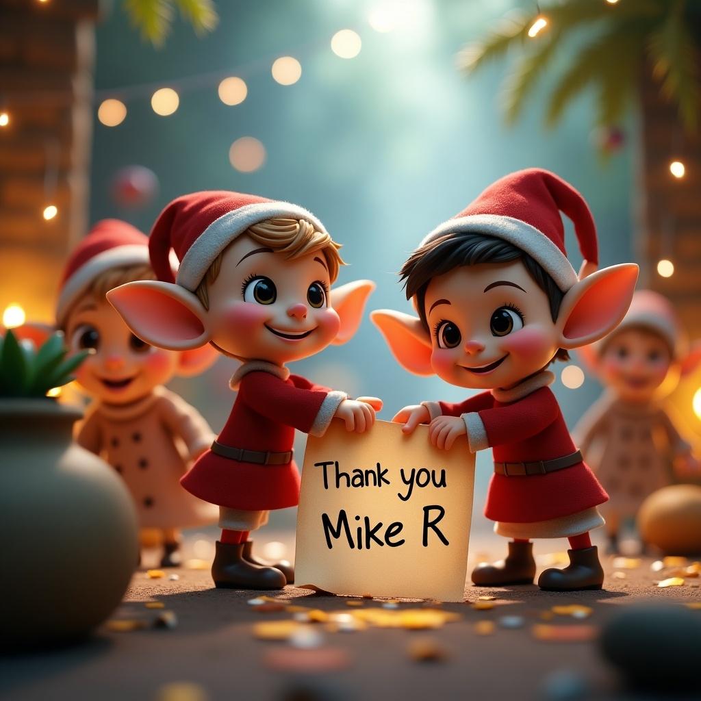 Animated scene features cheerful and playful elves. Soft lighting creates magical ambiance. A note displays 'Thank you Mike R'.