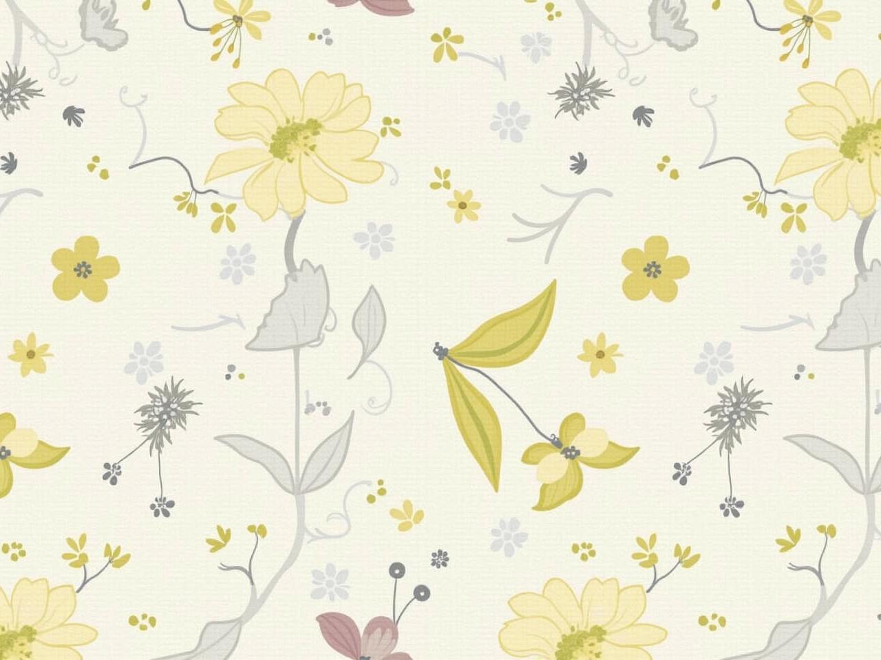 The image features a floral pattern on a textured background. Various types of flowers and leaves are illustrated in soft colors like yellow, white, and gray. The design includes large leaves with intricate veining and small clusters of blossoms. Some petals are painted in shades of purple and brown, adding depth to the artwork. This pattern has a natural, organic feel and is suitable for fabric or wallpaper designs.