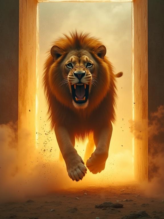 A realistic depiction of a giant lion jumping out of a large glass box. The lion is roaring with intensity while moving toward the viewer. The scene has a yellow-orange backlight creating glowing edges on the lion's fur. Glass shards scatter around the lion as it emerges. The atmosphere is filled with fog. Emphasis on realism and epic energy with a dramatic feeling in the image. Shot at eye level with a hyper-realistic style.