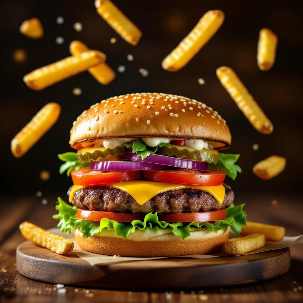 Juicy hamburger with fresh vegetables such as lettuce, tomato, onions, and pickles without cheese. Placed on a wooden board. Golden crispy French fries flying around the burger. Dynamic, mouth-watering scene. Dramatic lighting, shallow depth of field, high resolution, food photography style.