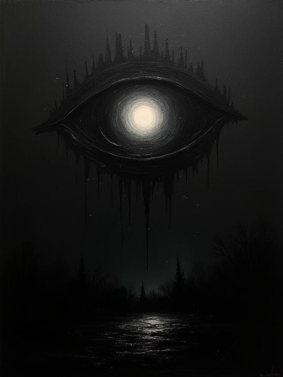 An oil painting on a black background. An eye silhouette at the top corner. The eye holds a cosmic void. Background features a dark landscape with trees. Text at the bottom shaped like a town.