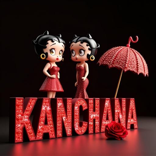 3D render of the letter KANCHANA with red crystals. Two Betty Boop characters with brown eyes and black hair in sparkly dresses. A decorative umbrella beside them. A red rose on the ground. Dark background with soft lighting.