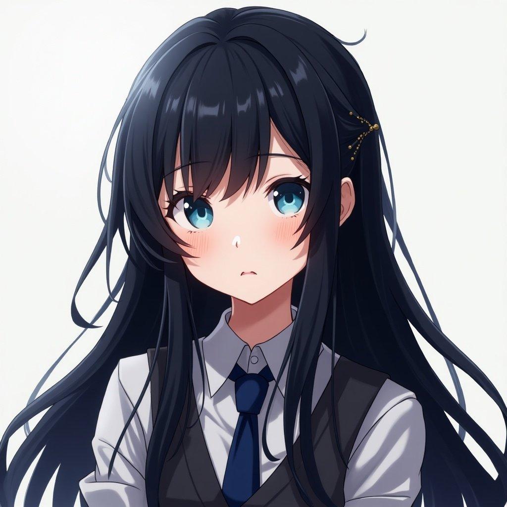 Anime character features long black hair and blue eyes. Character wears a shirt and tie. Digital art style with fantasy elements.