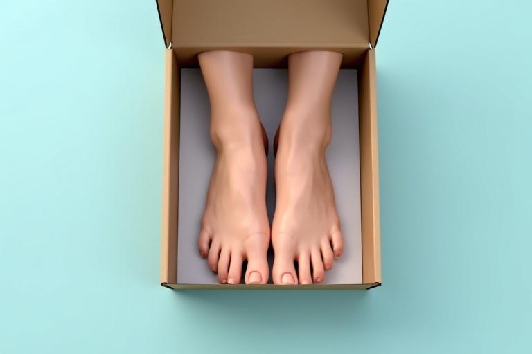 Realistic female feet inside a box. Feet are well-groomed with painted toenails. Background has a soft pastel blue color.