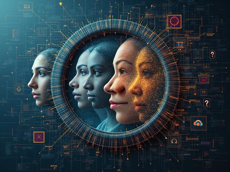 A powerful image illustrating hidden injustices in algorithms. Focus on an intricate algorithm portrayed with interconnected nodes. Include distorted patterns to show bias representation. Overlay diverse human faces, some clear and others obscured. Add elements like a magnifying glass highlighting disparities, a broken scale to represent injustice and contrasting light and shadow effects. Use a color scheme of digital blues and warm human hues portraying technology and equity. Incorporate symbols like warning signs, question marks, and fairness symbols to depict the need for vigilance and ethical AI design.