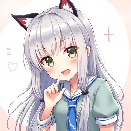 A digital illustration of a girl with long, silver hair wearing a white dress. She is in a cheerful pose with a gentle expression. The background features soft colors and light elements like hearts. Character has cat ears. Drawing focuses on fashion and anime aesthetics.