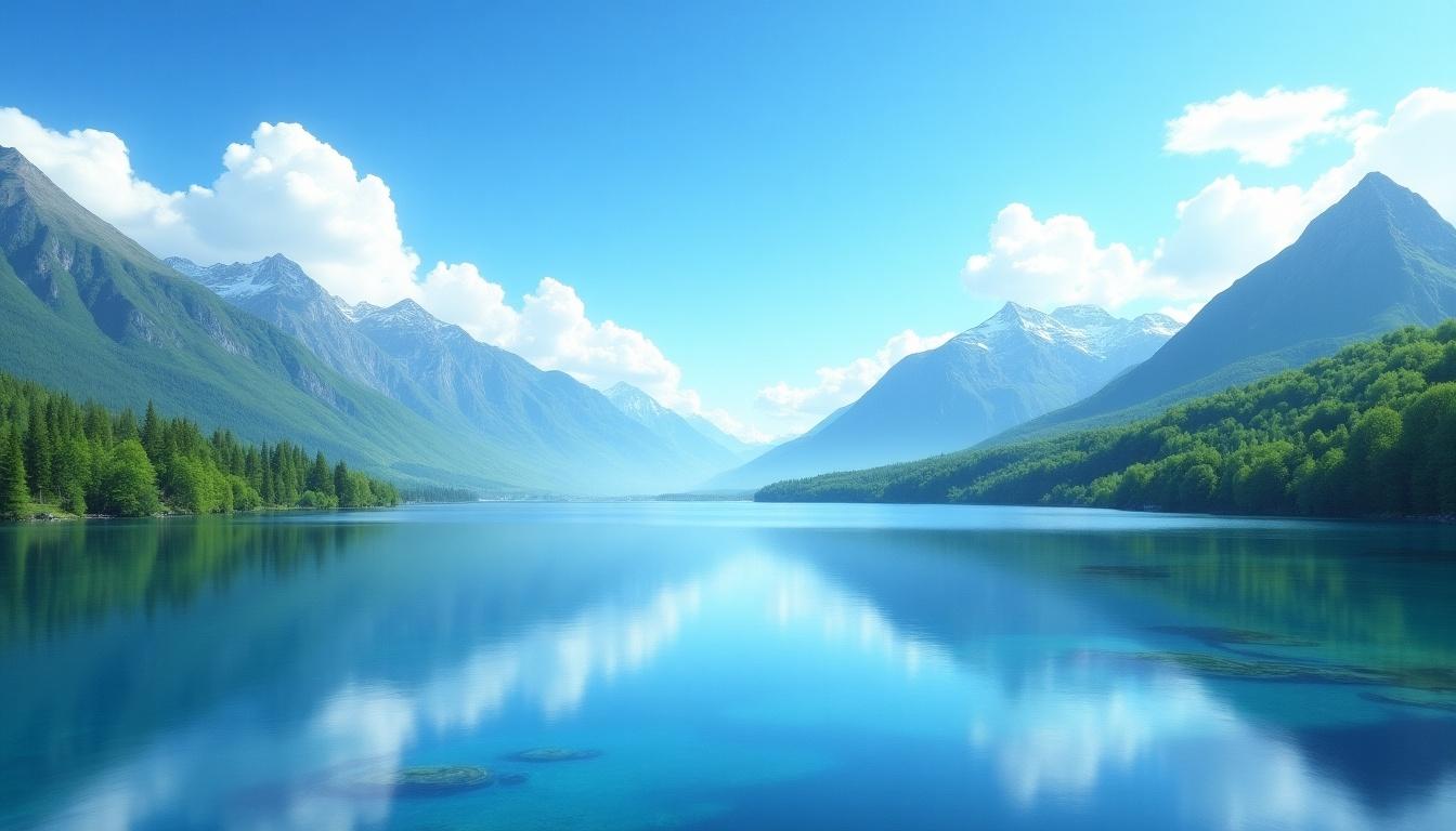 Vast blue lake surrounded by mountains. Clear sky with fluffy white clouds. Bright green trees along the shoreline. The mountains reflect on the calm water surface. Ideal for nature lovers.