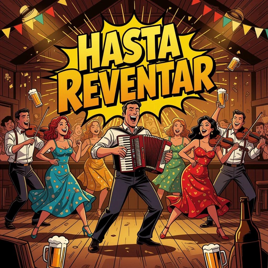 A comic book cover featuring a boisterous party in a rustic dance hall. Couples dance energetically to accordion and fiddle music. The atmosphere feels warm and sweaty. Beer bottles and glasses clink in the air. The style is vibrant and caricatured with exaggerated motion lines. Large, bold typography reads 'Hasta Reventar' with an explosion effect.