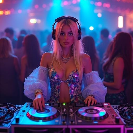 A beautiful blonde DJ stands confidently in a vibrant nightclub surrounded by a lively crowd. She adjusts colorful vinyl records on a stylish turntable. The atmosphere is illuminated by flashing lights. Mixed colors create a hypnotic effect. She wears stylish headphones and silver chains. The crowd moves to the infectious beat. Rainbow-colored laser lights pierce through smoky air. The DJ commands the stage with charisma and energy.