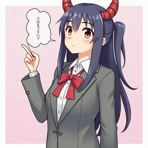 Anime character with red horns is wearing a school uniform and has a serious expression. Character is making a gesture with one hand. Background has a light color. Speech bubble is present.
