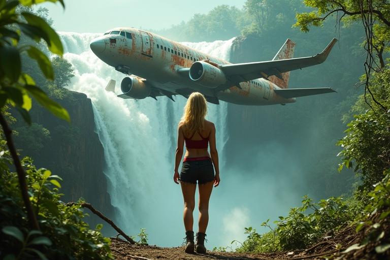 View of a beautiful princess at a jungle cliff edge. She has golden hair and glowing skin. She wears a dark red crop top and black cutoff shorts. She looks at a crashed airplane over a waterfall. The airplane is rusted and covered in vines. Sunlight shines through the mist. High contrast colors with teal and orange tones.